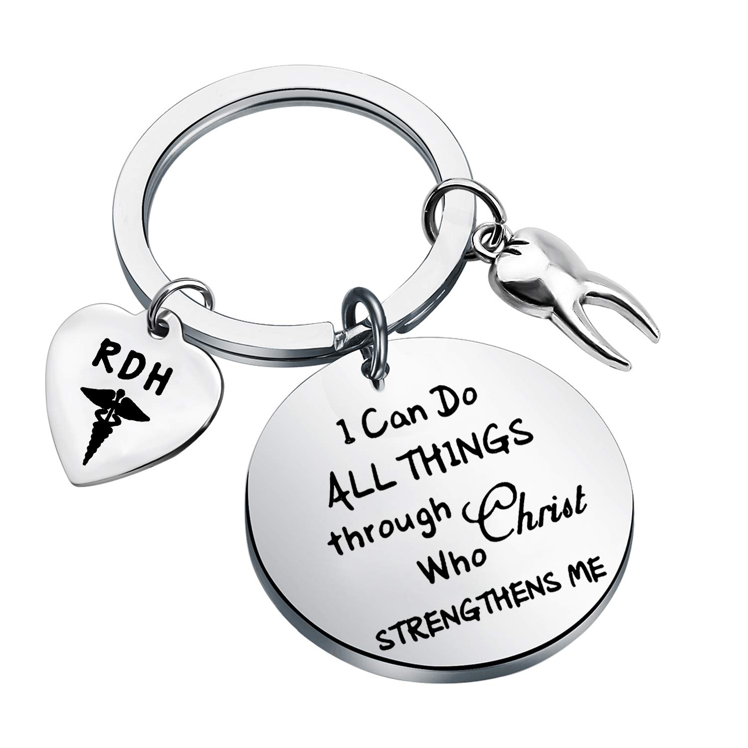 LQRI Dentist Gift Registered Dental Hygienist Gift I Can Do All Things Through Christ Who Strengthens Me Keychain Dental Jewelry Dentist Retirement Gift RDH Graduation Gift (sliver)