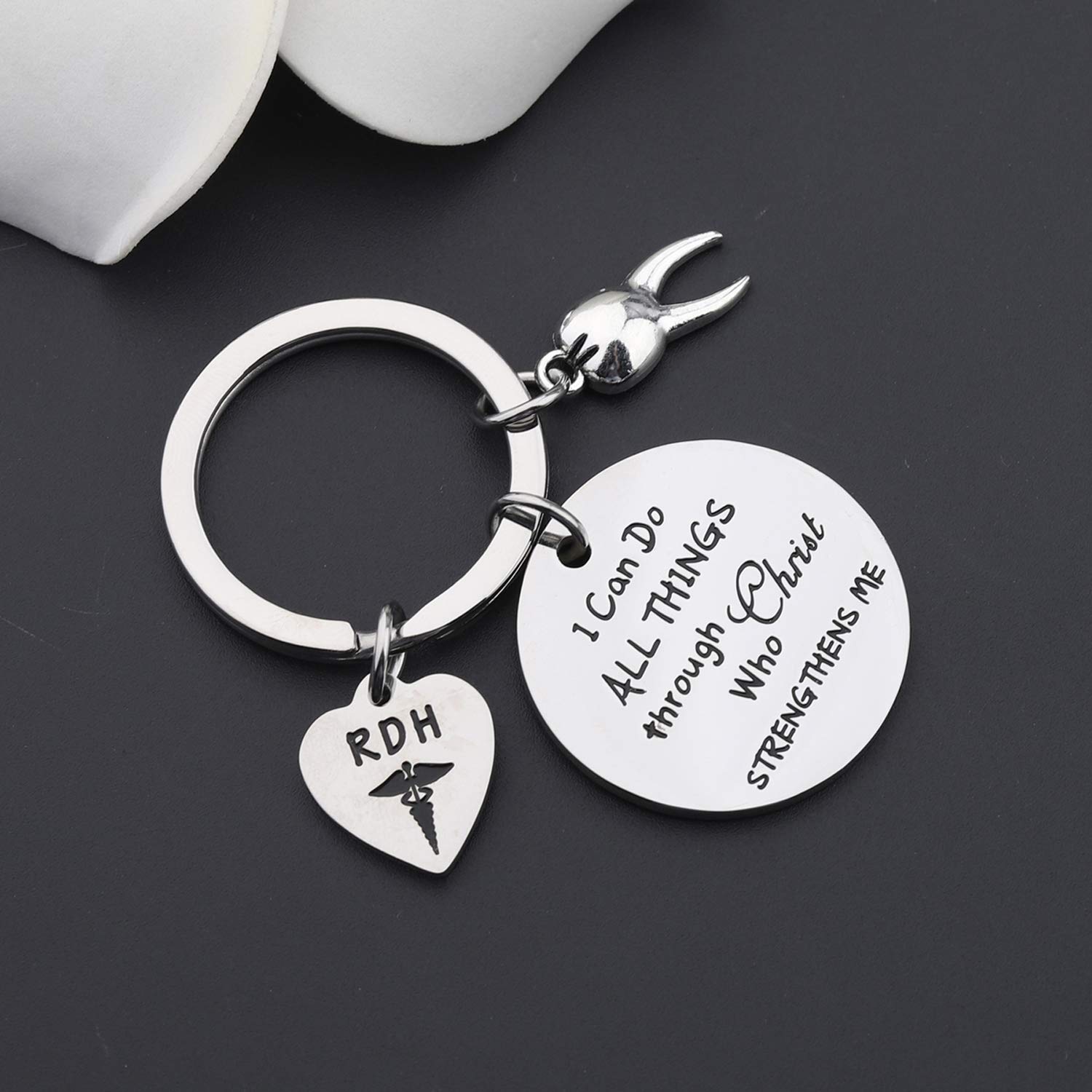 LQRI Dentist Gift Registered Dental Hygienist Gift I Can Do All Things Through Christ Who Strengthens Me Keychain Dental Jewelry Dentist Retirement Gift RDH Graduation Gift (sliver)