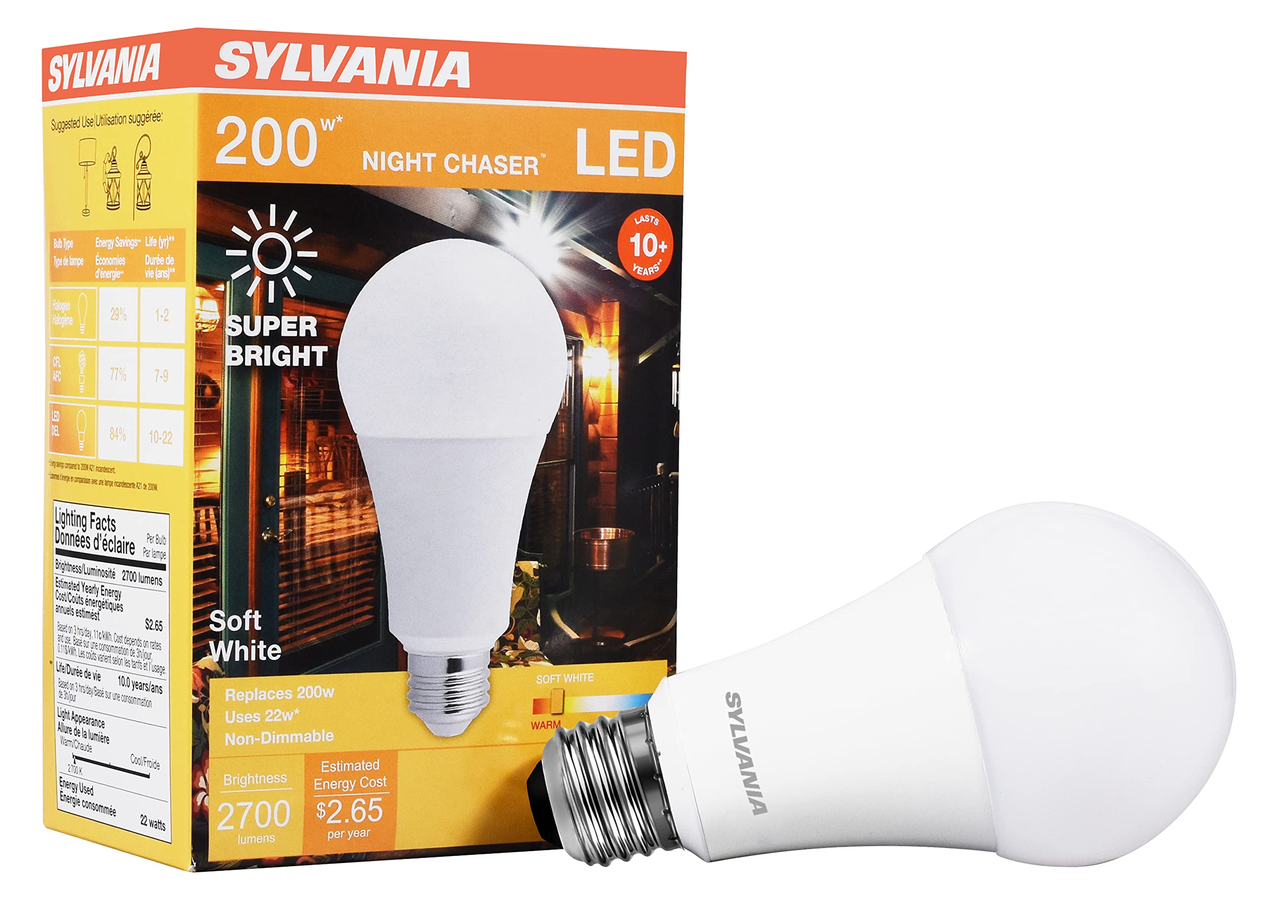 SYLVANIA Night Chaser LED A21 Light Bulb, 200W = 22W, Non-Dimmable, Damp Rated, 3000 Lumens, Soft White - 1 Pack (40584)