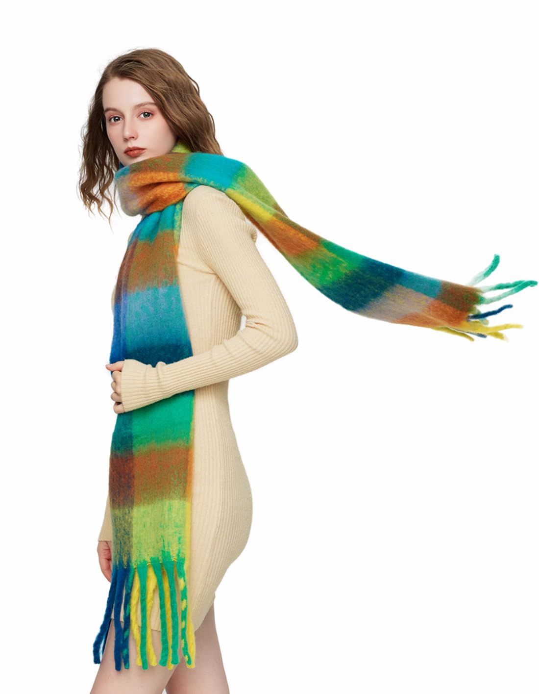 Yatemiole Women's Cashmere Big Coloured Checked Scarf Winter Warm Wrap Scarf (Pattern - 3)