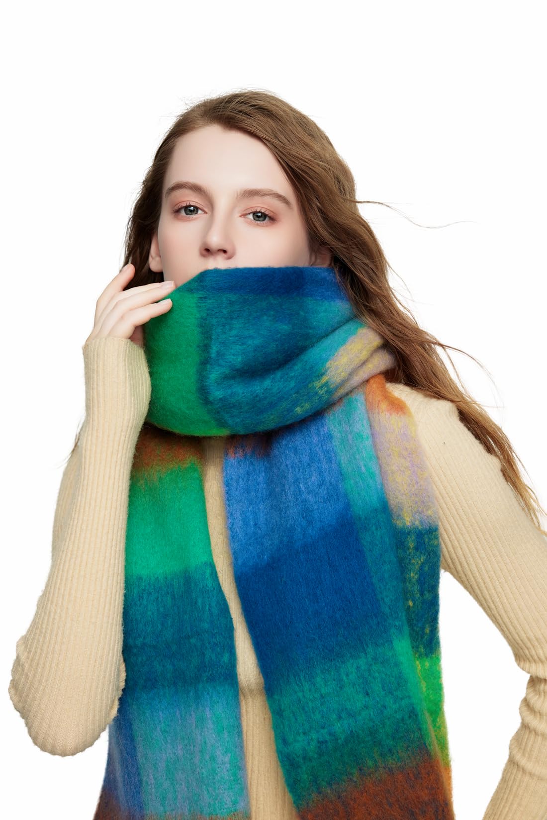 Yatemiole Women's Cashmere Big Coloured Checked Scarf Winter Warm Wrap Scarf (Pattern - 3)