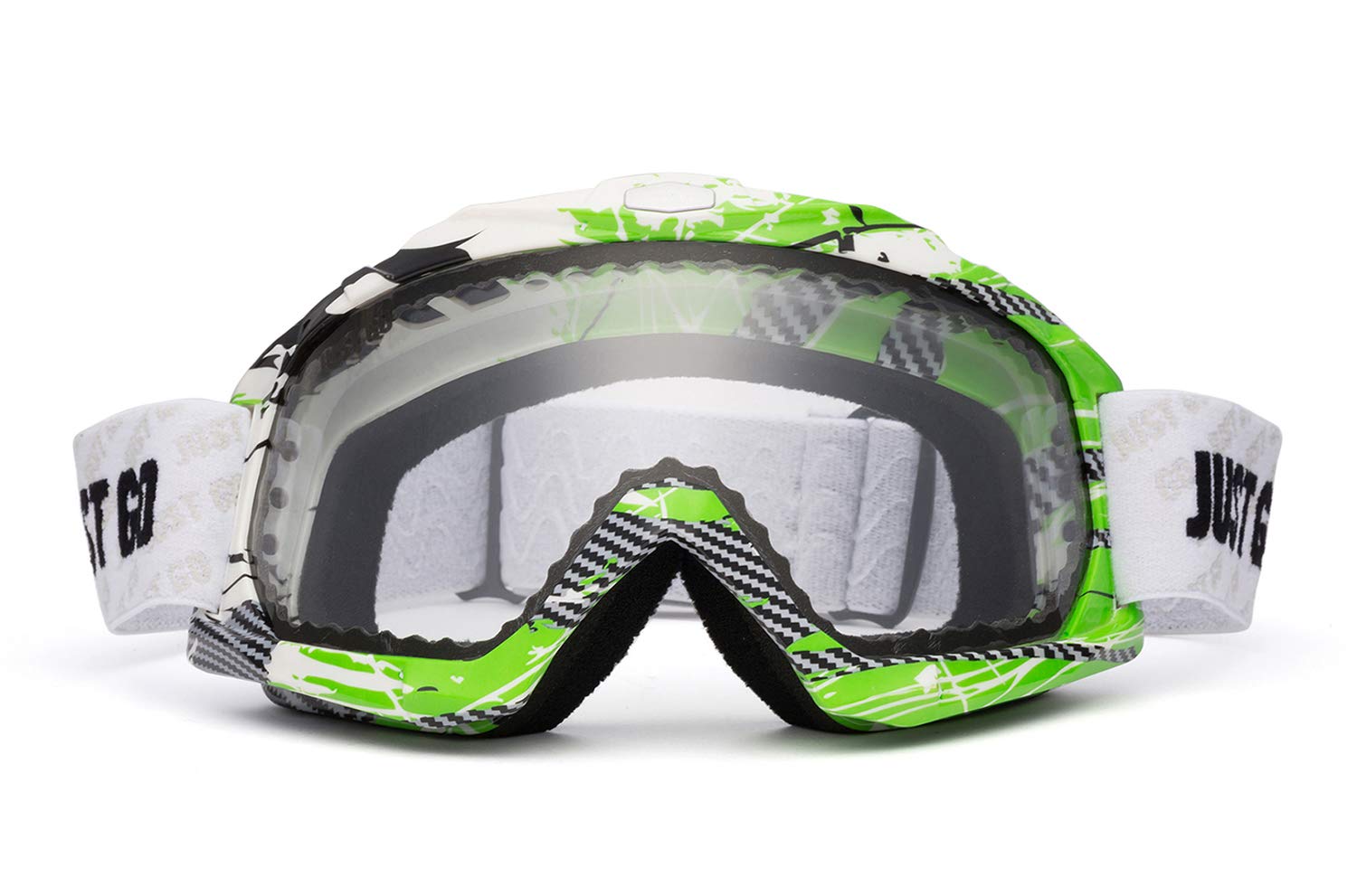 JUST GO Ski Goggles for Skiing Dual-Layer Anti-Fog 100% UV Protection lens Snowboard Goggles, Green and White Frame/Clear Lens (VLT 81.2%)