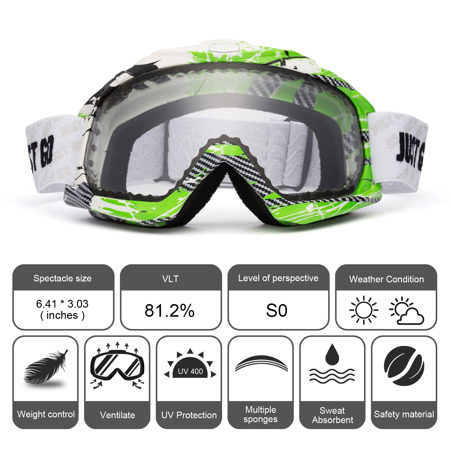 JUST GO Ski Goggles for Skiing Dual-Layer Anti-Fog 100% UV Protection lens Snowboard Goggles, Green and White Frame/Clear Lens (VLT 81.2%)