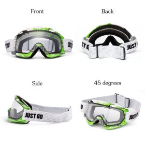 JUST GO Ski Goggles for Skiing Dual-Layer Anti-Fog 100% UV Protection lens Snowboard Goggles, Green and White Frame/Clear Lens (VLT 81.2%)