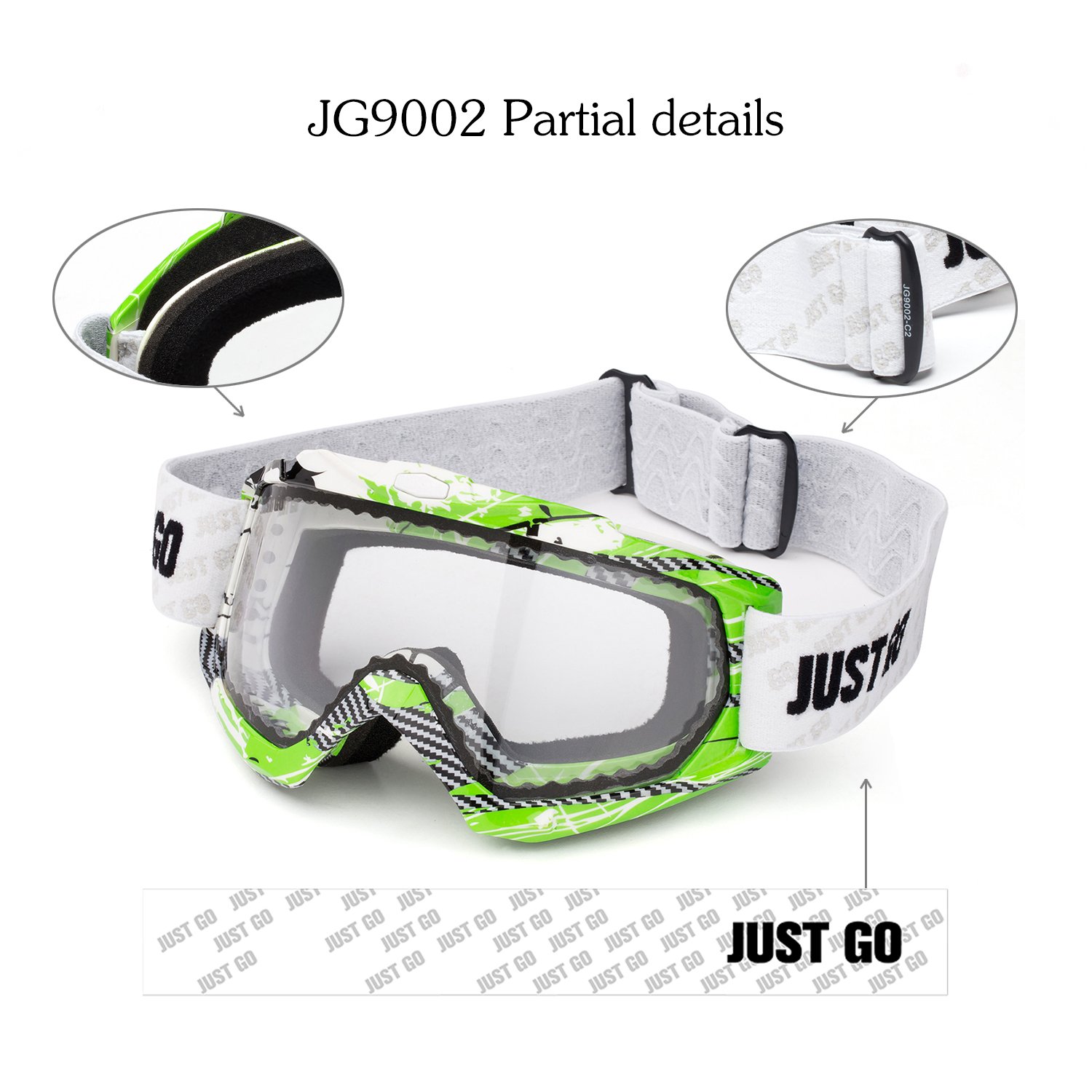 JUST GO Ski Goggles for Skiing Dual-Layer Anti-Fog 100% UV Protection lens Snowboard Goggles, Green and White Frame/Clear Lens (VLT 81.2%)