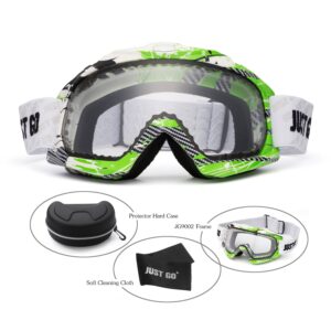 JUST GO Ski Goggles for Skiing Dual-Layer Anti-Fog 100% UV Protection lens Snowboard Goggles, Green and White Frame/Clear Lens (VLT 81.2%)