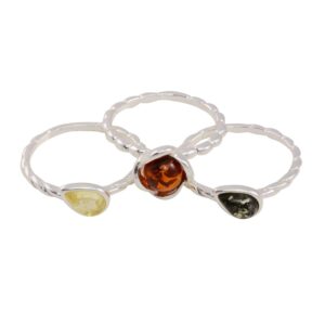 HolidayGiftShops Set of Three Sterling Silver and Baltic Multicolored Amber Adult Rings- size 9