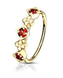 forbidden body jewelry 20g 8mm 14k gold plated surgical steel bendable nose/rook/helix hoop featuring red cz & floral design