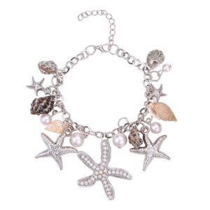 PH PandaHall Starfish Shell Anklet Bracelets, 7" Mermaid Bracelets Conch Starfish Faux Pearl Anklet Bracelet Charm Women Bohemian Adjustable Shell Bracelet Mermaid Costume Jewelry for Women, Silver