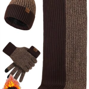 Winter Knit Beanie Hat Neck Warmer Scarf and Touch Screen Gloves Set 3 Pcs Fleece Lined Skull Cap for Men Women (Brown)