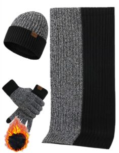 winter knit beanie hat neck warmer scarf and touch screen gloves set 3 pcs fleece lined skull cap for men women (black)