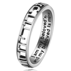 Uloveido Hebrew I Am My Beloved Ring, Christian Bible Verse Engraved Rings, White Gold Plated Hollow Band Rings Size 8 Y583