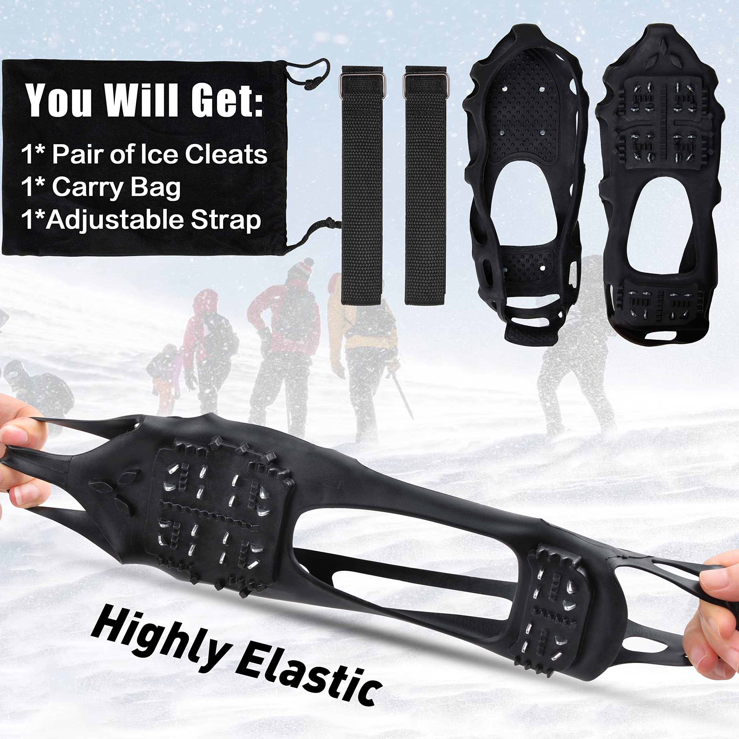 Ice Cleats Snow Traction Cleats Crampons for Walking on Snow and Ice Non-Slip Overshoe with Removable Straps Rubber Anti Slip Crampons Slip-on Stretch Footwear