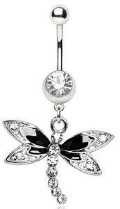 body accentz 316l steel black multi glass/gem dragonfly dangle navel ring - 14ga