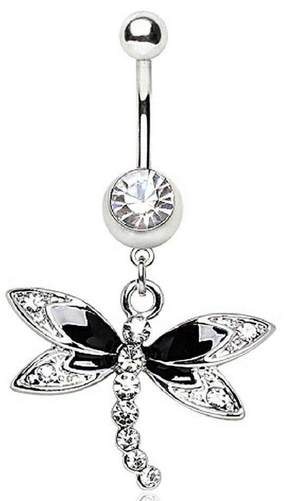 Body Accentz 316L Steel Black Multi Glass/Gem Dragonfly Dangle Navel Ring - 14GA