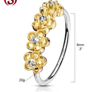 Forbidden Body Jewelry 20g 8mm 14k Gold Plated Surgical Steel Bendable Nose Ring/Cartilage Hoop Lined with Floral and CZ Top