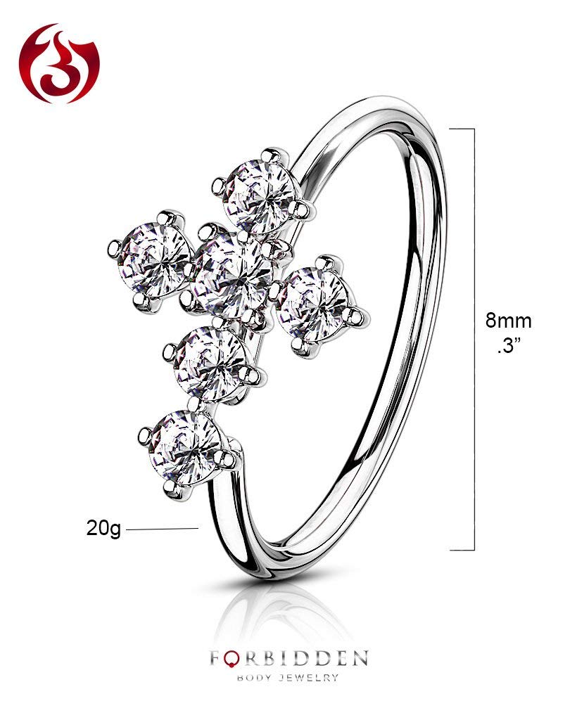 Forbidden Body Jewelry 20g 8mm Platinum Plated Brass Bendable Nose Ring & Cartilage Hoop Featuring CZ Lined Cross Top