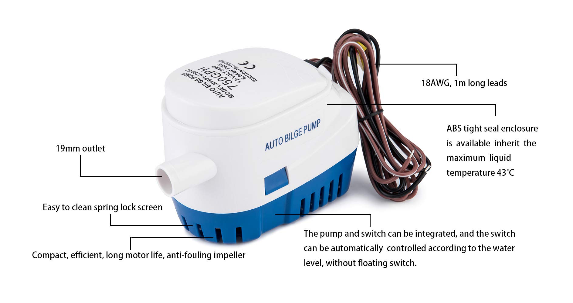 Dontmiss Automatic Submersible small Boat Bilge Pump 12v 750gph Auto with Float Switch 3/4 inch (19mm) Outlet Dia, bilge pumps for boats