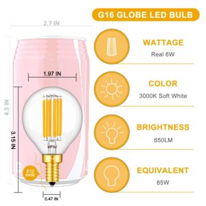 CRLight 3000K 6W Dimmable LED Candelabra Bulb Soft White, 65W Equivalent 650LM, E12 LED Light Bulbs, G16 Globe Clear Glass Chandelier Bulbs, Smooth Dimming Version, 6 Pack