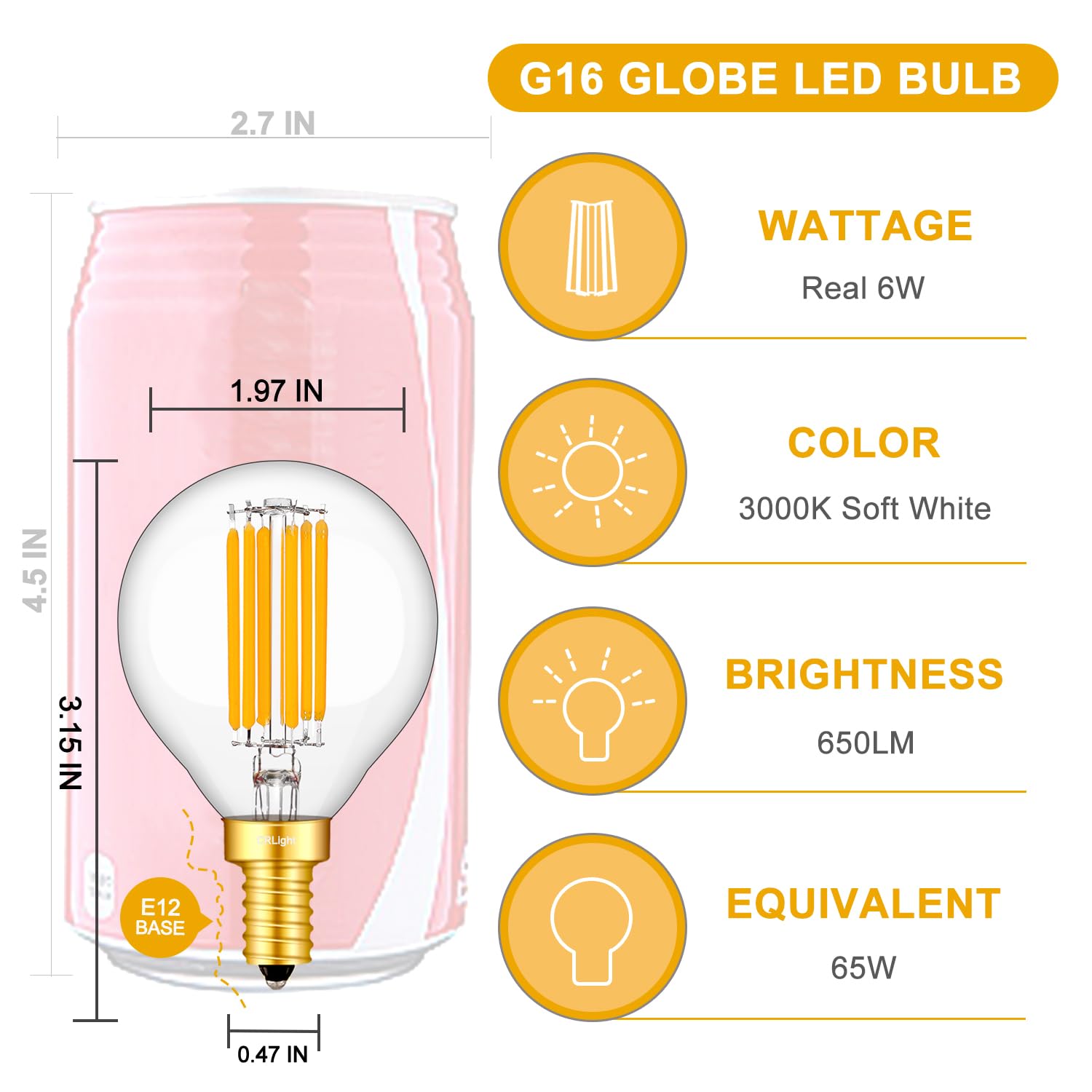 CRLight 3000K 6W Dimmable LED Candelabra Bulb Soft White, 65W Equivalent 650LM, E12 LED Light Bulbs, G16 Globe Clear Glass Chandelier Bulbs, Smooth Dimming Version, 6 Pack