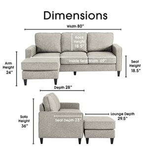 Serta Harmon Reversible Sectional Sofa, Modern L-Shaped Couch for Small Spaces, Soft Fabric Upholstery, Square Arm, Light Gray