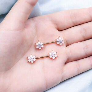 CHARM ONLINE 14G Opal Flower CZ Nipple Barbell Nipple Ring Piercing Jewelry for Women