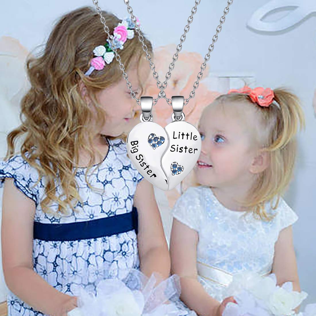 BAUNA Matching Big Sis Little Sis Heart Necklace Set Sister Necklace for 2 Gift for Sister Family Best Friends (Sister Necklace Set)