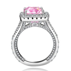 uloveido platinum plated simulated pink topaz filled halo promise ring for her, big pink stone split shank square rings solitaire y586 (size 9)