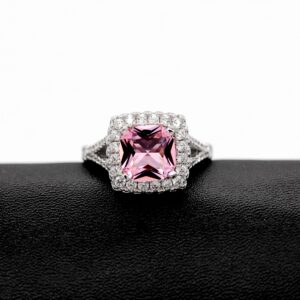 Uloveido Platinum Plated Simulated Pink Topaz Filled Halo Promise Ring for Her, Big Pink Stone Split Shank Square Rings Solitaire Y586 (Size 9)