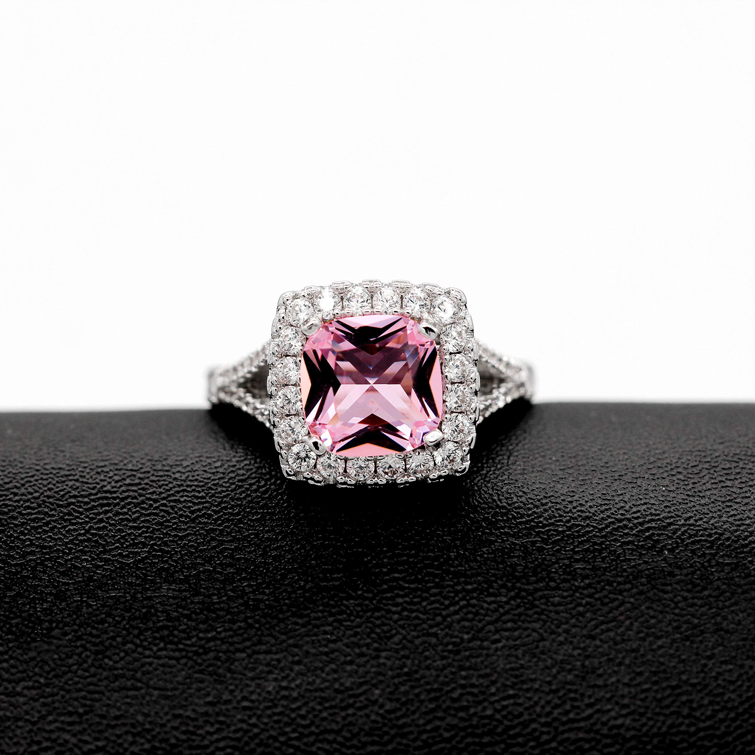 Uloveido Women's Silver Color 3 Carats Cushion Cut CZ Elegant Ring Big Pink Crystal Square Wedding Engagement Bridal Rings Halo Y586 (Size 7)