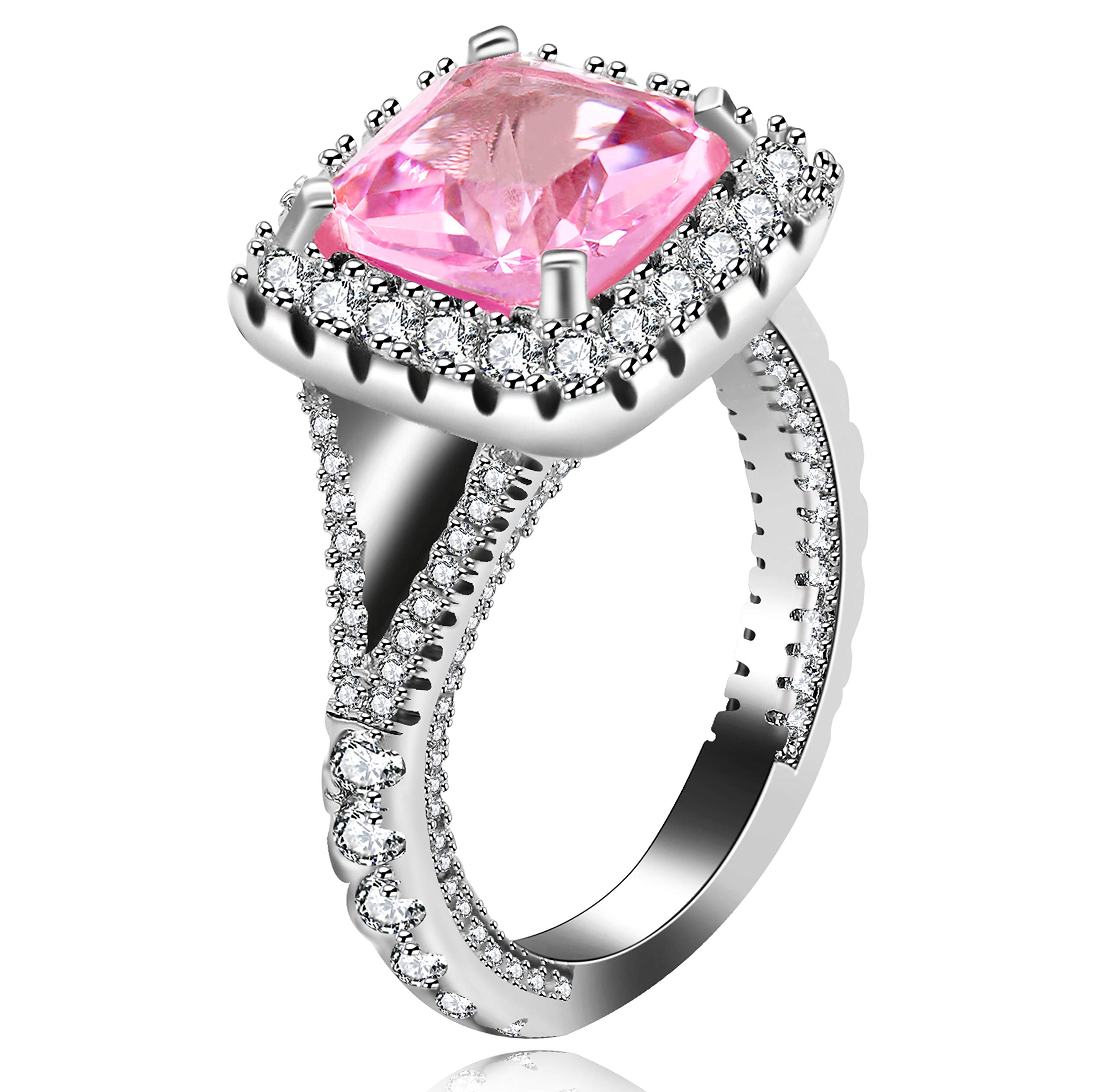 Uloveido Women's Silver Color 3 Carats Cushion Cut CZ Elegant Ring Big Pink Crystal Square Wedding Engagement Bridal Rings Halo Y586 (Size 7)