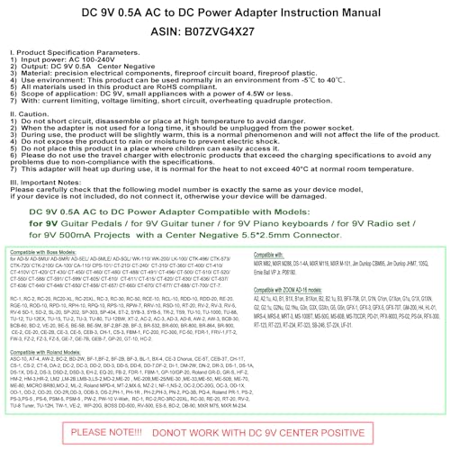 Gonine DC 9V Charger Replacement for Guitar Pedals Power Supply, 9Vdc Power Adapter Center Negative 9 Volt Power Cord for BOSS PSA Effects Pedal, Distortion, Casio Keyboard, PSA -120S and More.