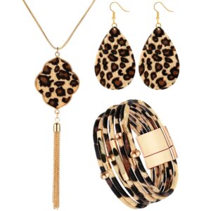 hicarer 3 pieces leopard earrings bracelets women jewelry bohemia earrings necklace cheetah set multilayer leather cuff boho for large wrists cosplay party costume accessories(leopard style)