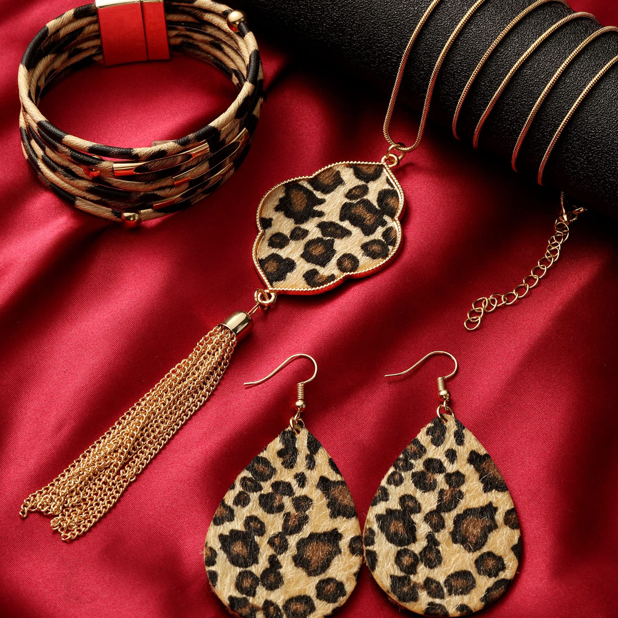 Hicarer 3 Pieces Leopard Earrings Bracelets Women Jewelry Bohemia Earrings Necklace Cheetah Set Multilayer Leather Cuff Boho for Large Wrists Cosplay Party Costume Accessories(Leopard Style)