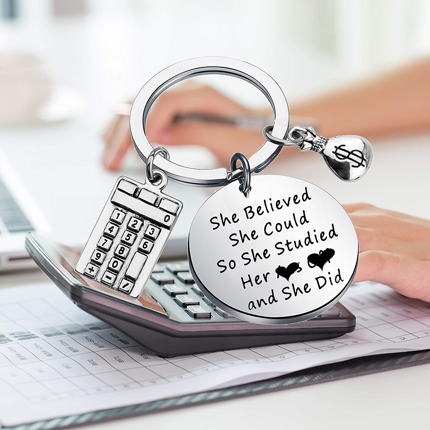 BEKECH Accountant CPA Gift Calculator Charm Keychain She Believed She Could So She Did Keychain Accounting Jewelry Accountant Gift CPA Coworker Gift CPA Graduation Gift (silver)