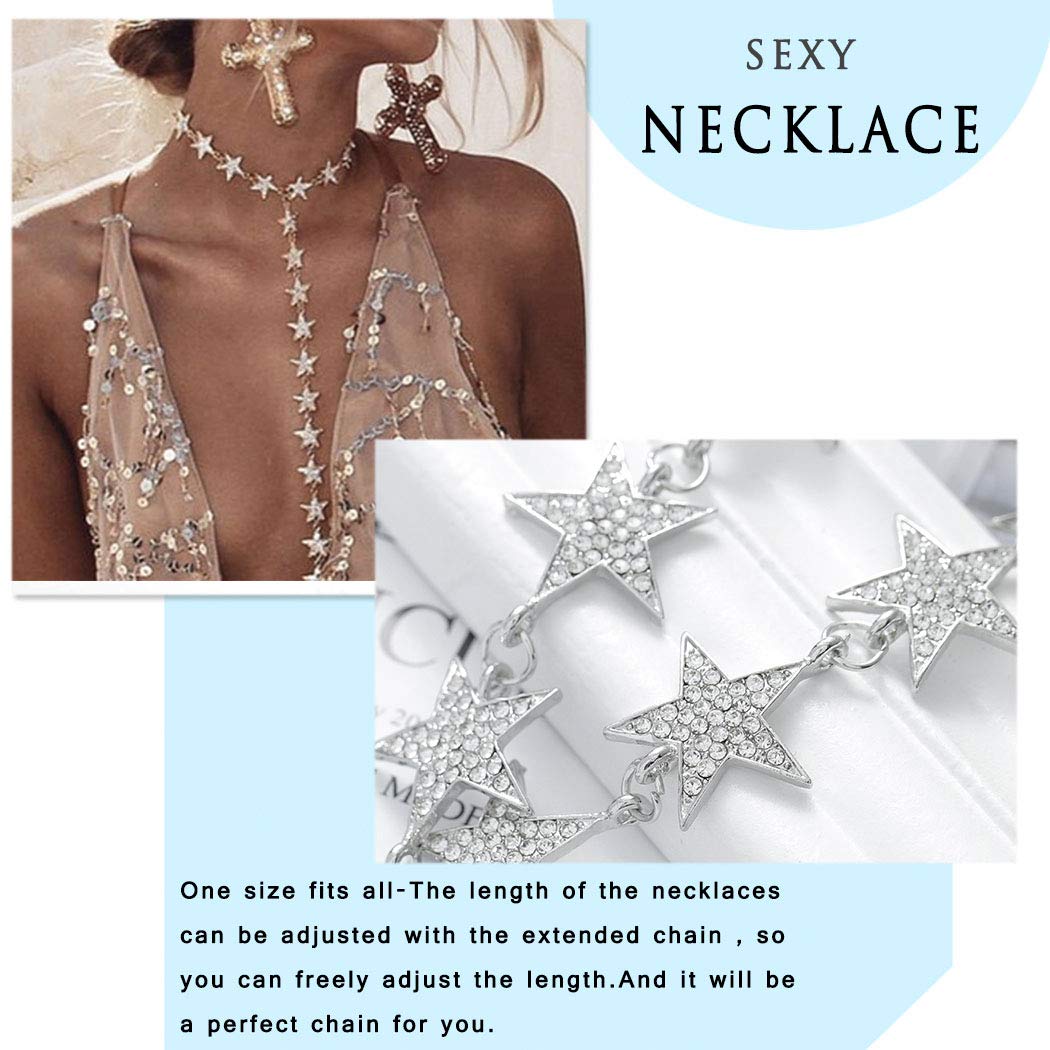 Nicute Star Y-Necklaces Rhinestone Long Necklaces Crystal Choker Chain Party Choker Necklace Jewelry for Women (Silver)