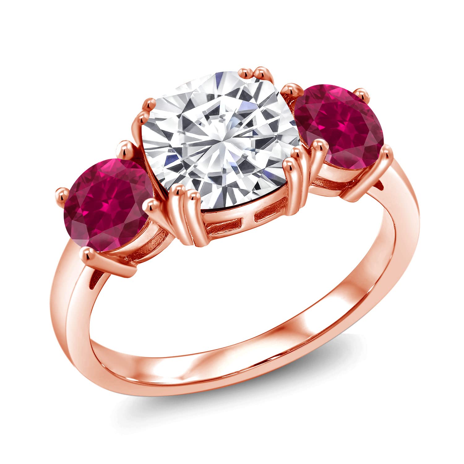 18K Rose Gold Plated Silver Forever Classic Moissanite From Charles & Colvard and Red Created Ruby 3 Stone Engagement Ring For Women (3.70 Cttw, Gemstone, Cushion 8MM, Size 5)