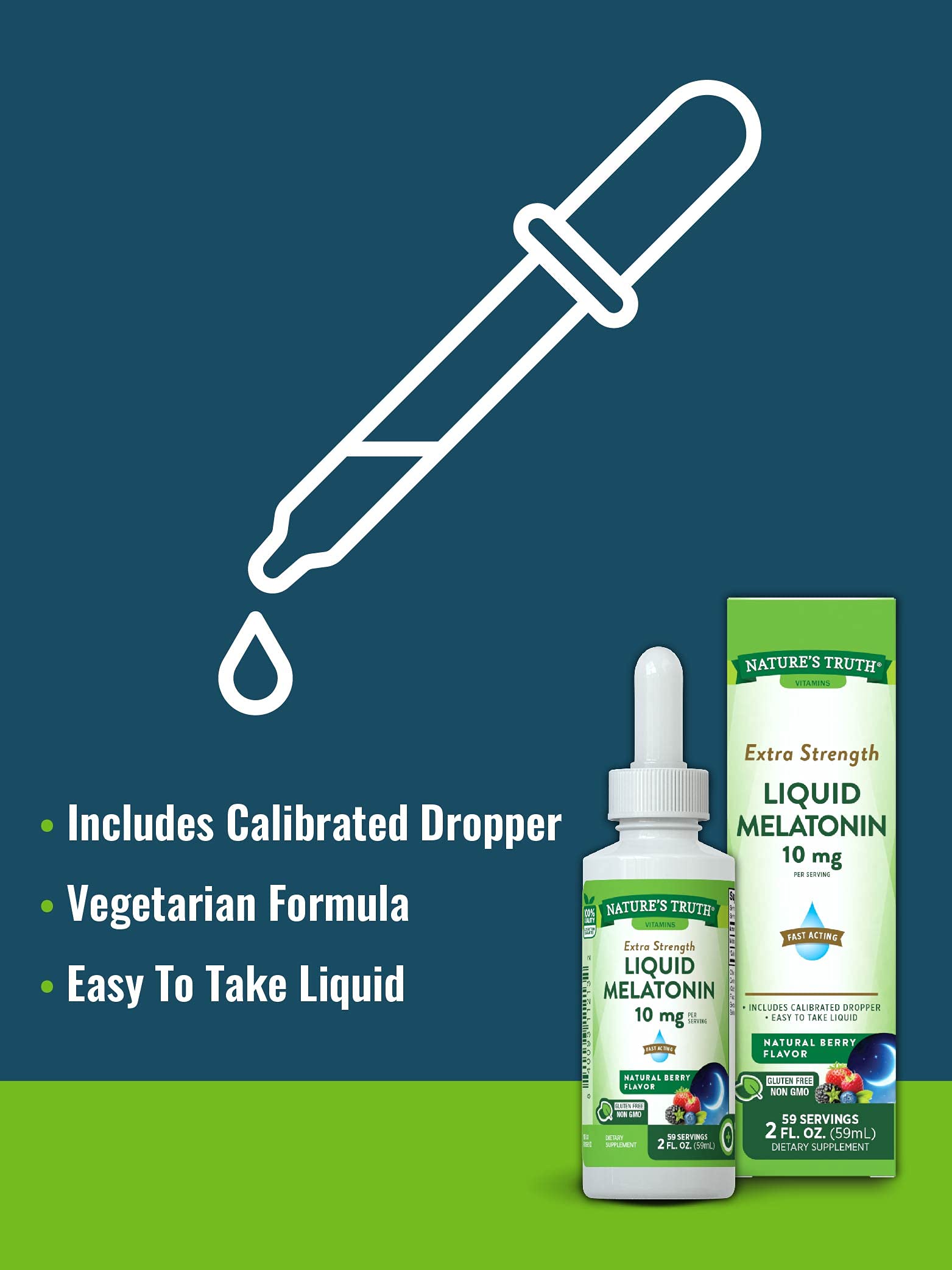 Liquid Melatonin Drops | 10 mg | 2 Fl oz Maximum Strength for Adults | Berry Flavor | Vegetarian, Non-GMO, Gluten Free | by Nature's Truth