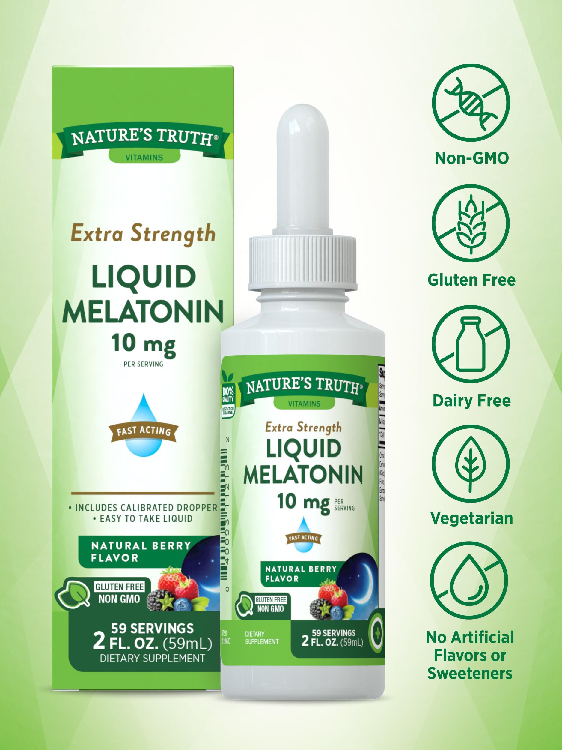 Liquid Melatonin Drops | 10 mg | 2 Fl oz Maximum Strength for Adults | Berry Flavor | Vegetarian, Non-GMO, Gluten Free | by Nature's Truth