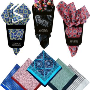 ZENXUS Printed Pocket Squares 8-Pack, plus 3 Folds Holder, Penetrating Printed Men's Handkerchiefs, Sewn by Hand