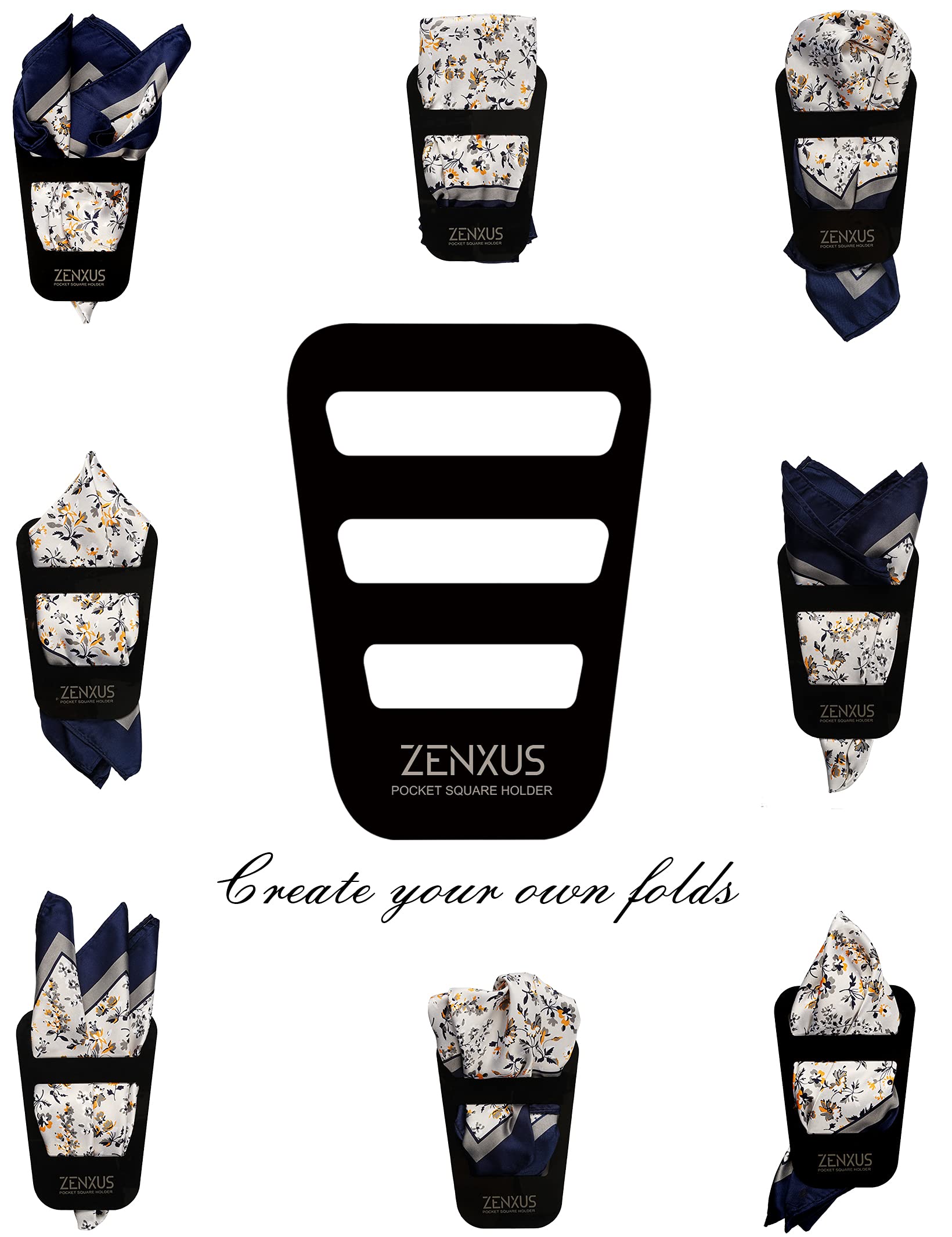 ZENXUS Printed Pocket Squares 8-Pack, plus 3 Folds Holder, Penetrating Printed Men's Handkerchiefs, Sewn by Hand