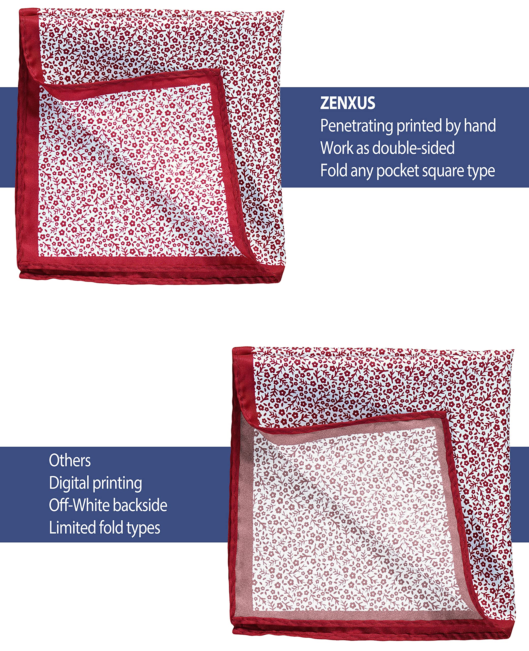 ZENXUS Printed Pocket Squares 8-Pack, plus 3 Folds Holder, Penetrating Printed Men's Handkerchiefs, Sewn by Hand