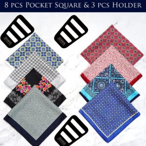 ZENXUS Printed Pocket Squares 8-Pack, plus 3 Folds Holder, Penetrating Printed Men's Handkerchiefs, Sewn by Hand