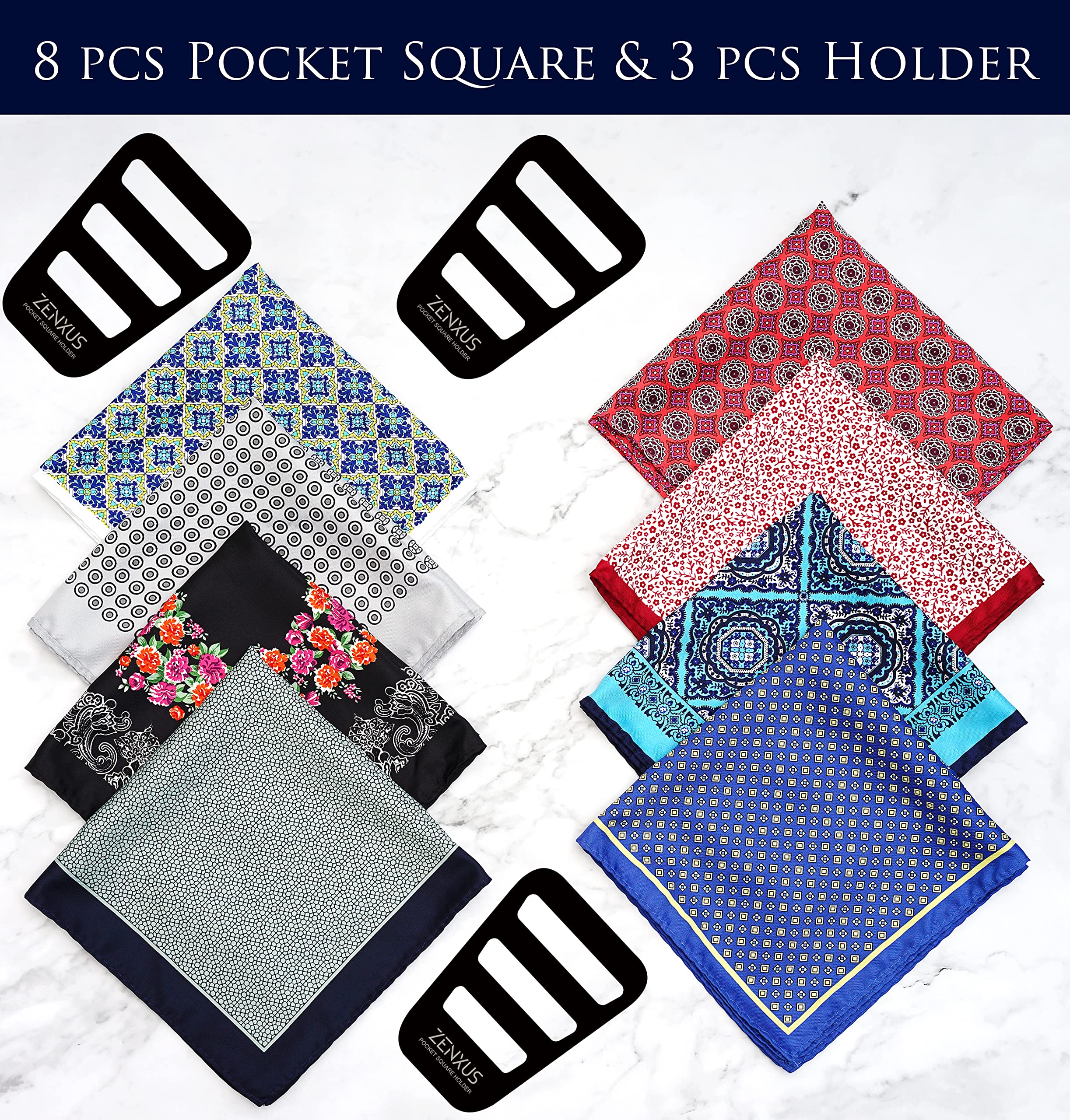 ZENXUS Printed Pocket Squares 8-Pack, plus 3 Folds Holder, Penetrating Printed Men's Handkerchiefs, Sewn by Hand