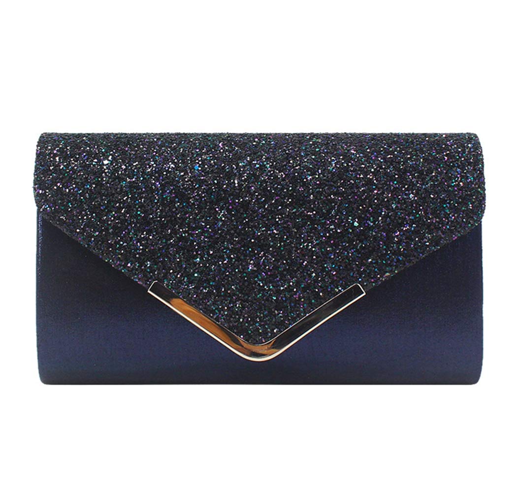 ZIUMUDY Women's Sparkle Evening Bags Envelope Clutches Shoulder Chain Handbag Bridal Wedding Purse (Navy Blue)