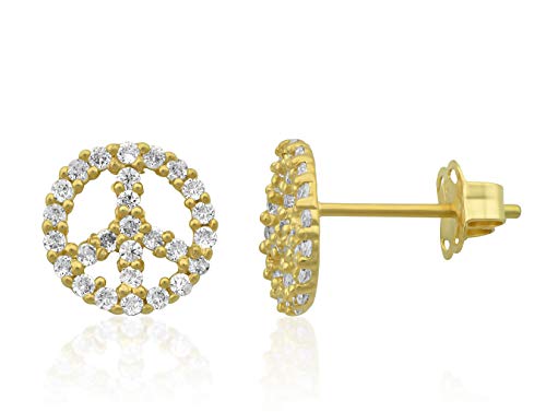 14K Solid Yellow Gold Womens Round Cubic Zirconia Cz Small Peace Sign Hipster Stud Earrings Perfect for Ladies - 0.27in