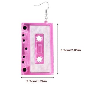 DFYOUHOME® 1980s Fashion Acrylic Earrings for 80’s Party Women Punk Retro Cassette Crush Colorful Drop Dangle Party Night Club Pretty (Pink)