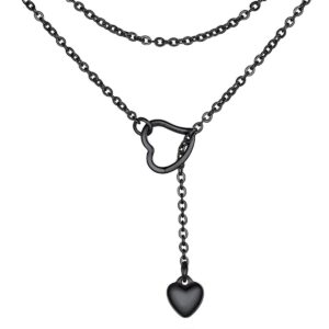 FOCALOOK Black Long Necklaces for Women Trendy Drop Heart Pendant Lariat Long Chain Elegant Y-Necklaces