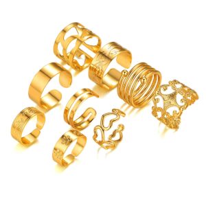 FOCALOOK 9 PCS Simple Knuckle Midi Ring Set Vintage 18K Gold Plated Size Adjustable Comfort Bohemian Finger Stackable Joint Rings Set Jewelry for Women