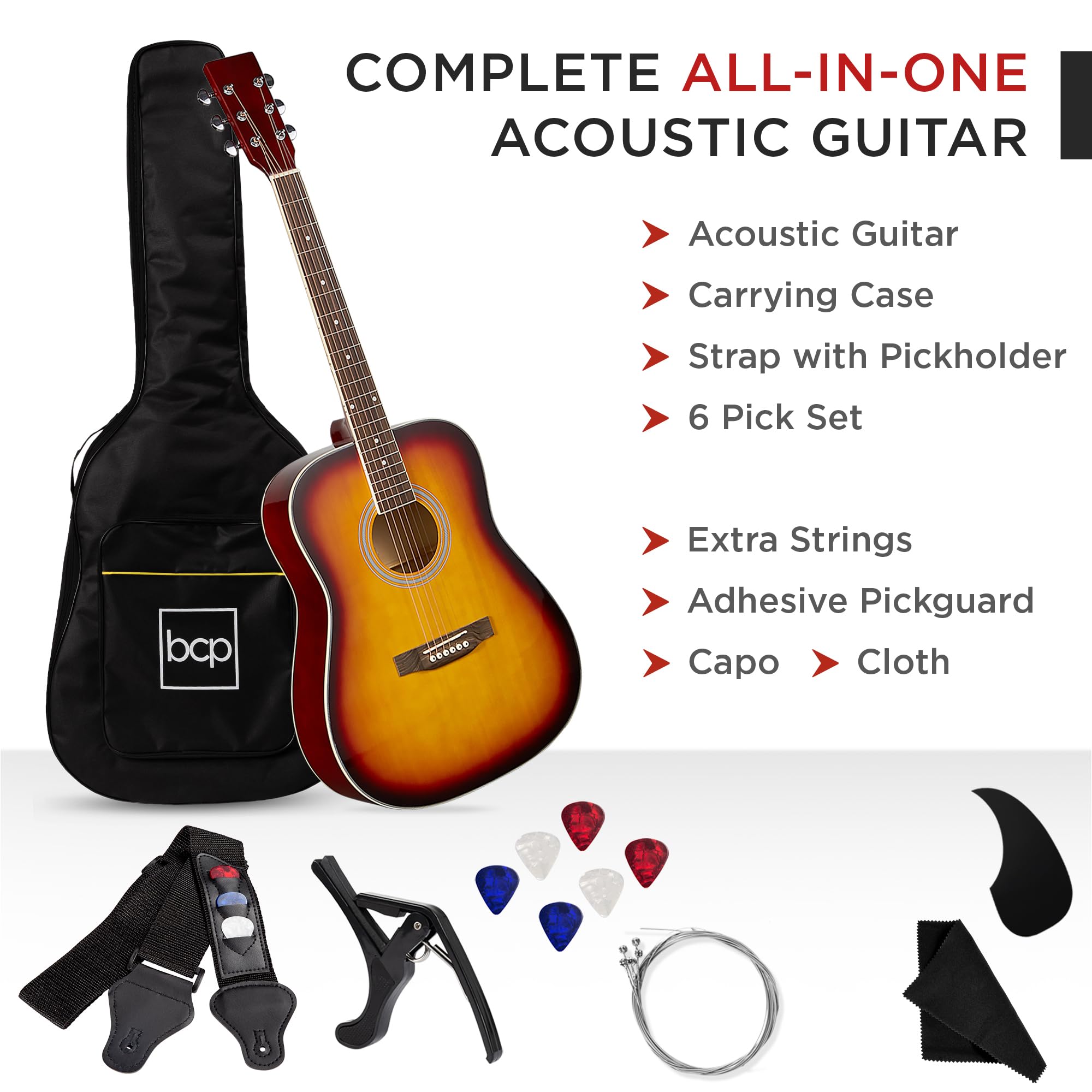 Best Choice Products 41in Full Size Beginner All Wood Acoustic Guitar Starter Set w/Case, Strap, Capo, Strings, Picks - Sunburst